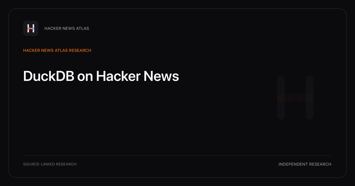 Visual guide to DuckDB on Hacker News: How DuckDB changed in Hacker News story titles from 2007 through 2026, with annual title share, peak year, sources, and coverage limits.