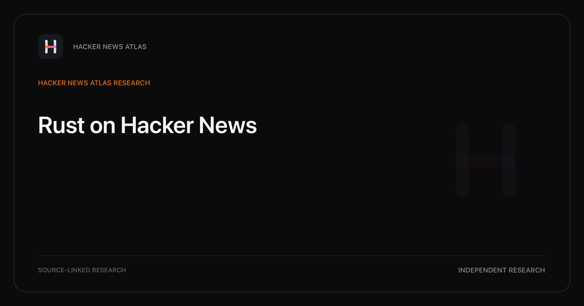Visual guide to Rust on Hacker News: How Rust changed in Hacker News story titles from 2007 through 2026, with annual title share, peak year, sources, and coverage limits.